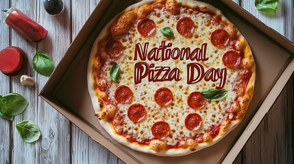 National pizza day with pepperoni pizza in box on wooden table
