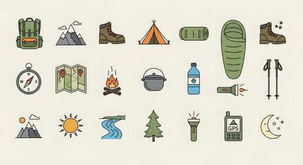 Adventure Essentials Icons: A vibrant collection of minimalist icons, artfully illustrating the essential equipment and elements for outdoor exploration and adventure.