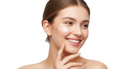 A woman applies a dab of cream to her cheek, highlighting skincare and beauty, isolated on transparent background