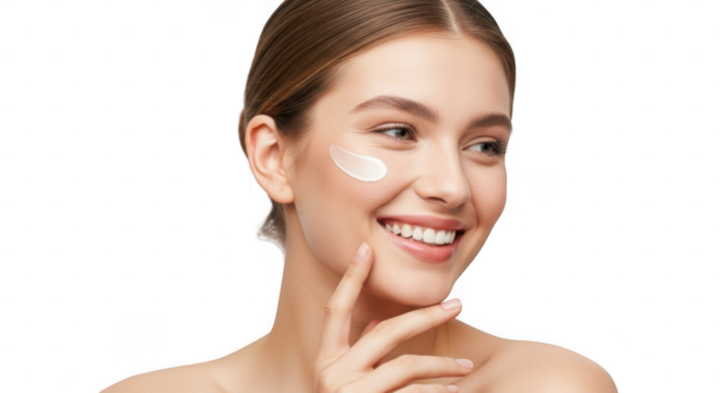 A woman applies a dab of cream to her cheek, highlighting skincare and beauty, isolated on transparent background