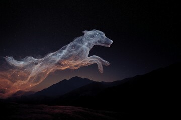 A celestial dog made of smoke and stardust jumps across the sky, casting a glow over distant mountains