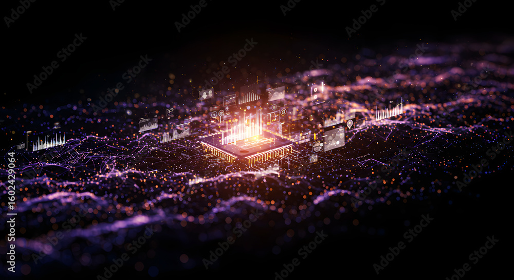 Poster digital landscape: a captivating digital rendering of a futuristic landscape dominated by a central,