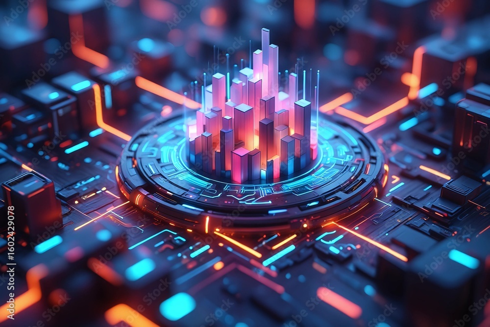 Aufkleber a futuristic circuit board with glowing neon lights and abstract data visualization