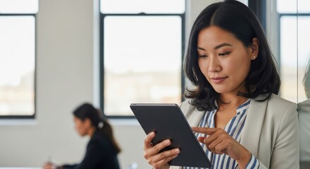 Woman in light blazer and striped shirt uses tablet computer in office technology
