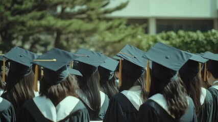 Candidate group at graduation ceremony. Successful students in caps and gowns, ready for commencement. - Powered by Adobe