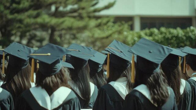 Candidate group  at graduation ceremony. Successful students in caps and gowns, ready for commencement.