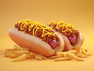 Two chili cheese hot dogs with french fries on yellow background
