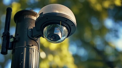 Security surveillance camera details: A close-up perspective of a security surveillance camera installed, showcasing its advanced lens, designed for comprehensive area monitoring - Powered by Adobe