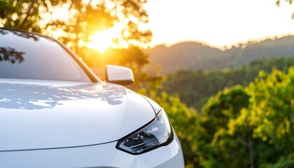 White car at sunset in a lush landscape