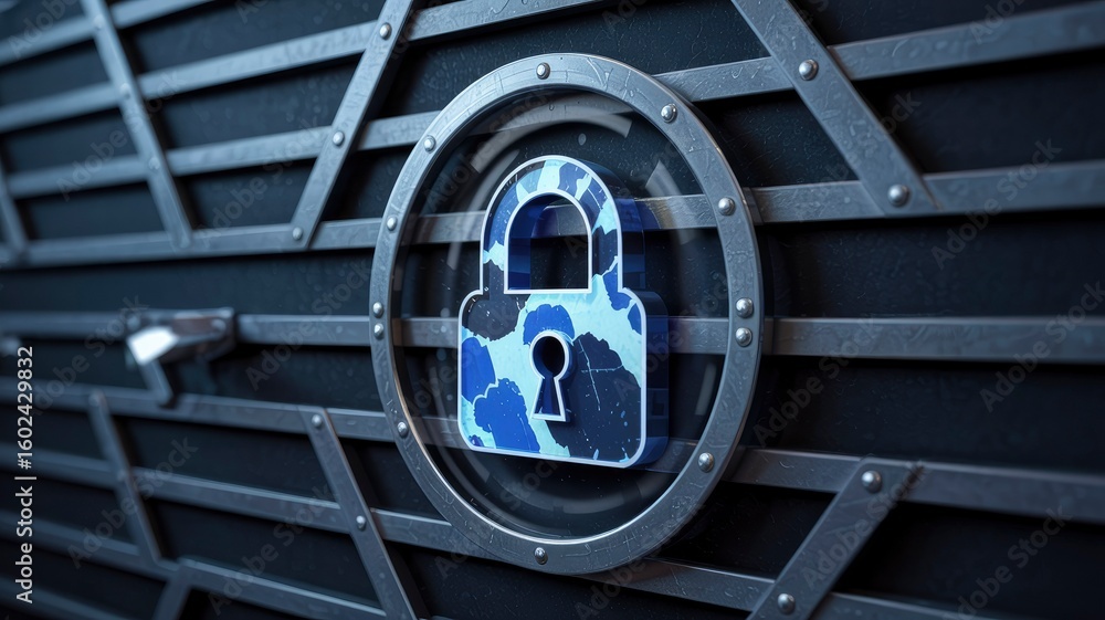 Poster secure cloud data protection digital lock on metallic grid