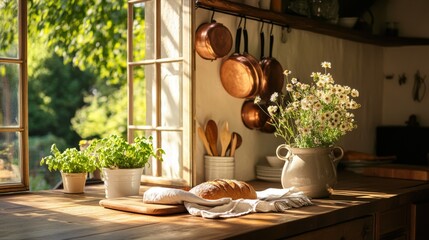 Warm sunlight highlighting heritage interior and cozy country chic vibe