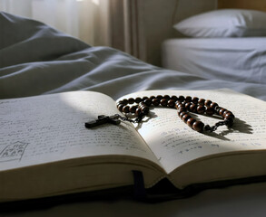 Morning sunlight illuminating a handwritten journal of a pilgrim and wooden rosary beads with cross, resting on a hostel bed along the Camino de Santiago.