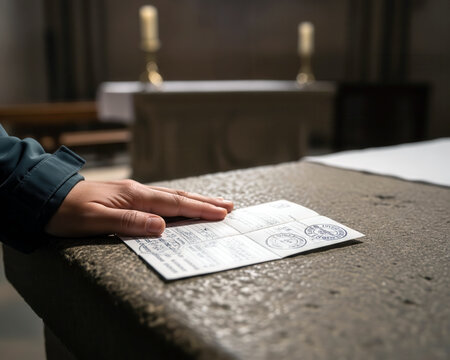 Pilgrim hand holding a stamped Camino de Santiago credential on a church altar, symbolizing progress, faith, and achievement on pilgrimage.