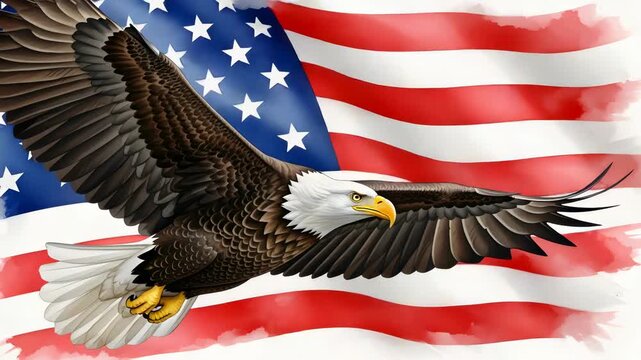 American Bald Eagle Soaring with Patriotic Red White and Blue Flag Stars and Stripes Background