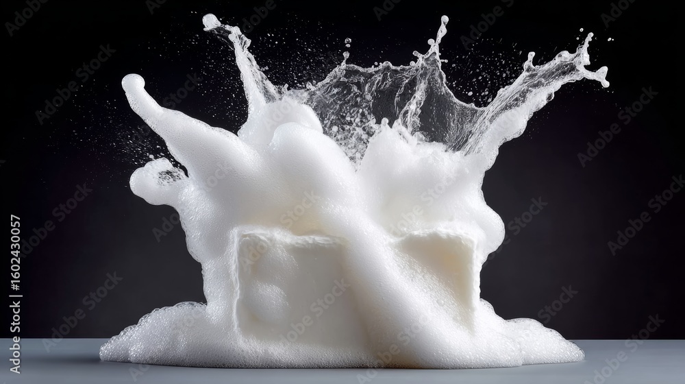 Poster white bar of soap is surrounded by a white foam. the soap is in the center of the foam and is almost