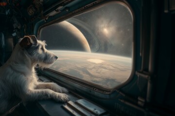 A dog in a retro spacesuit floats calmly in a space station, staring out at Saturn&rsquo;s rings