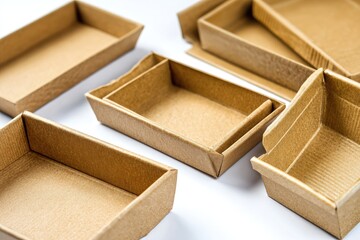 Several empty, light brown cardboard trays of various sizes and shapes