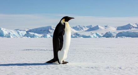 Fototapeta premium A solitary penguin, black and white with yellow accents, stands on a vast, snow-covered plain, mountains and icebergs behind