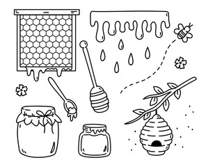 Cute beekeeping set with honey jars, dripping honey, beehive, honeycomb frame, bees, flowers, and dippers. Vector hand-drawn illustration in doodle style. Perfect for decorations and various designs.
