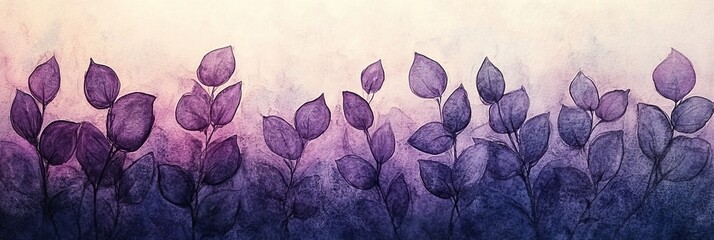 Airy Floral Scenery on Faded Peach Watercolor Background with Plum Leaf Sketches of Garden Plants