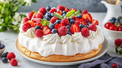 Delicious Pavlova Cake Topped with Fresh Summer Berries, a Perfect Dessert for Any Occasion
