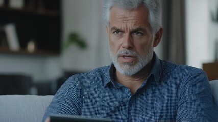 Man relaxing on the couch, holding a tablet, deep in thought or perhaps concerned about something on his device. - Powered by Adobe