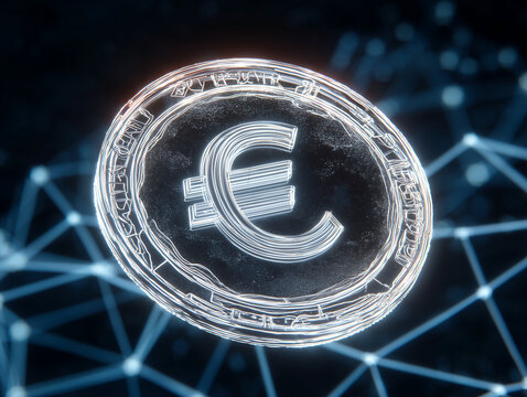 Euro currency digital coin floating over blockchain network