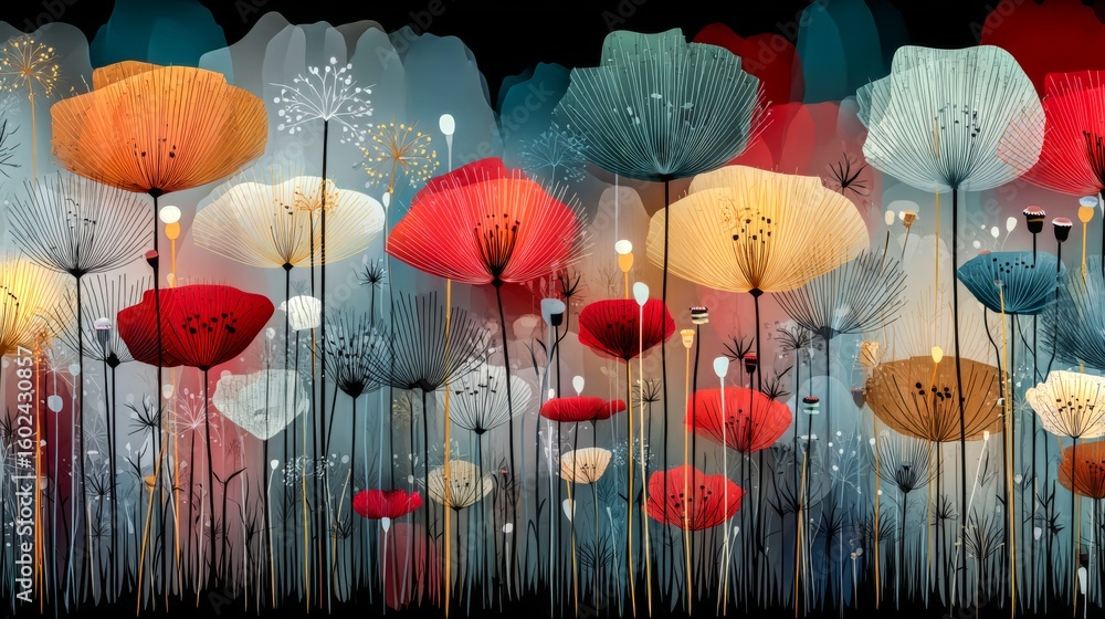 Poster a colorful field of flowers with a blue sky in the background. the flowers are of different colors a