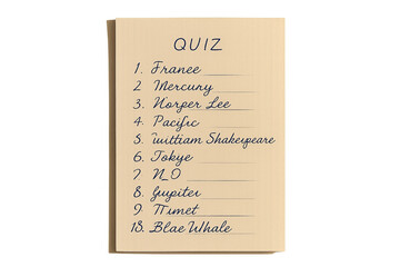 Handwritten quiz answers on lined notepad in cursive on transparent background, quiz board