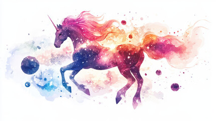 Obraz premium A stunning watercolor painting of a celestial unicorn galloping through the cosmos.