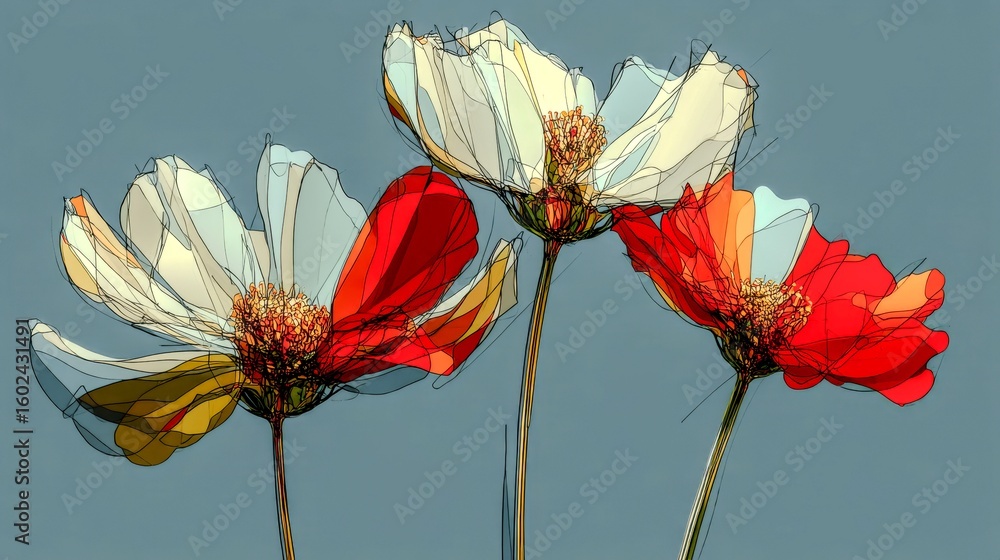 Poster three red and white flowers are shown in a blue background. the flowers are arranged in a way that t