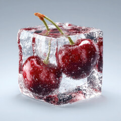 Two cherries frozen inside a clear ice cube with stems visible on a light gray background studio shot