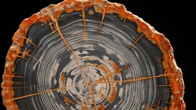 Detailed Cross Section of Petrified Wood with Concentric Rings and Textural Patterns in Grays Browns and Oranges