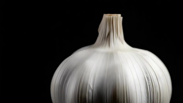 Dramatic Close Up of a White Garlic Bulb on Black Background Detail Layers Texture Surface Emphasizing Natural Form and Culinary Use