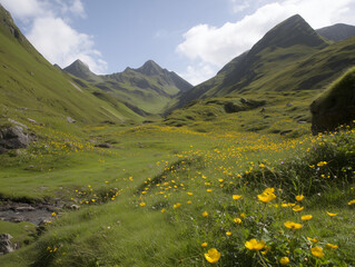 Breathtaking mountain valley with blooming yellow wildflowers