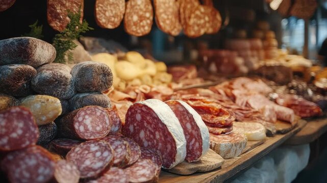 A diverse assortment of cured and sliced meats, cheeses, and other deli items neatly displayed for purchase.