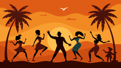 group people dancing beach orange sky