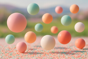 Floating Pastel Spheres in Abstract Outdoor Scene 