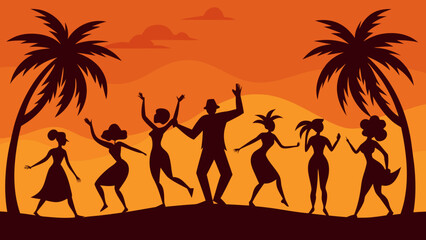 group people dancing beach orange sky