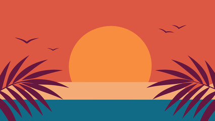 ocean horizon palm leaves sun setting