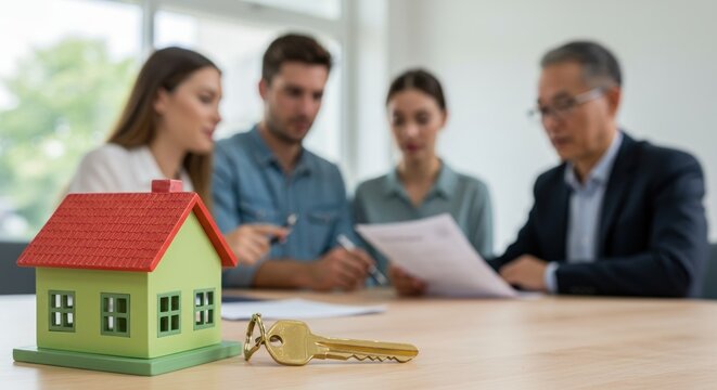 A small house model sits on a table with a key as a diverse group of individuals reviews documents, potentially discussing a real estate deal - Powered by Adobe