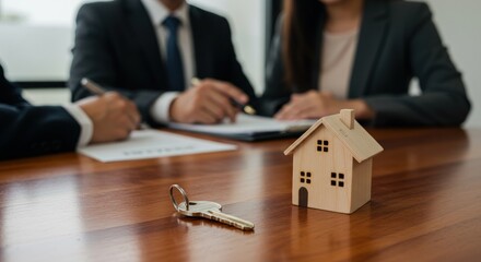 Close up shows people signing paperwork, wooden house model, and key on a table, suggesting a real estate deal is being finalized
