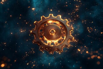 &bull;  Rose-gold gear spins in cyan-navy void, surrounded by glowing starlight --