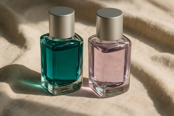 Elegant Perfume Bottles with Colored Liquid on Soft Fabric