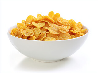 Corn flakes filling a white bowl on a white background