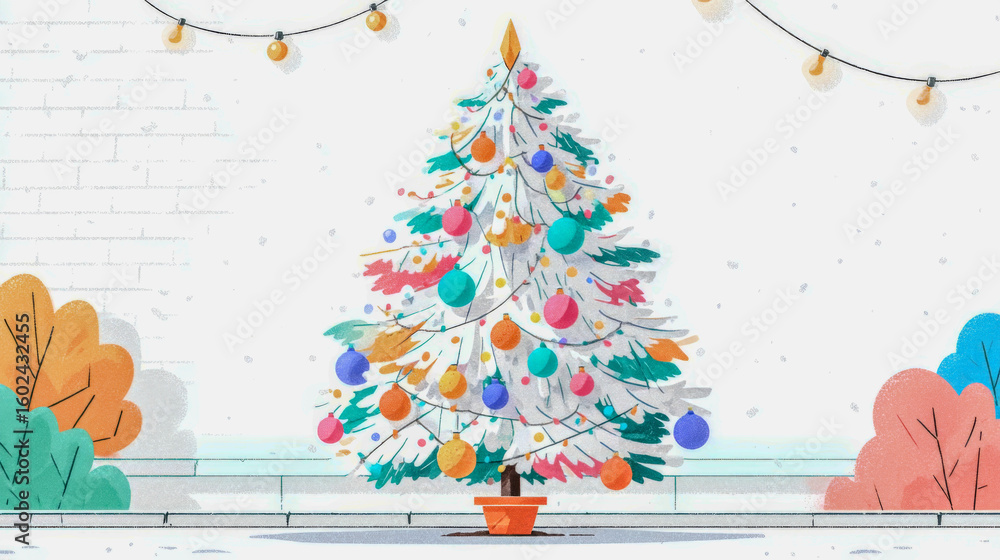 Poster a colorful christmas tree with many ornaments is shown in a city setting. the tree is surrounded by 