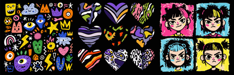 Vibrant vector illustration uses a bold doodle cartoon style with colorful icons, patterned hearts, and expressive portraits on a black background. Colors include yellow, pink, purple, blue.