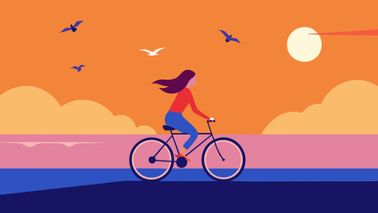 Fototapeta premium girl riding bicycle coast sunset glow