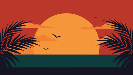 ocean horizon palm leaves sun setting