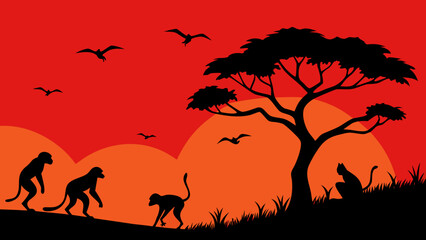 monkeys playing tree silhouette red orange